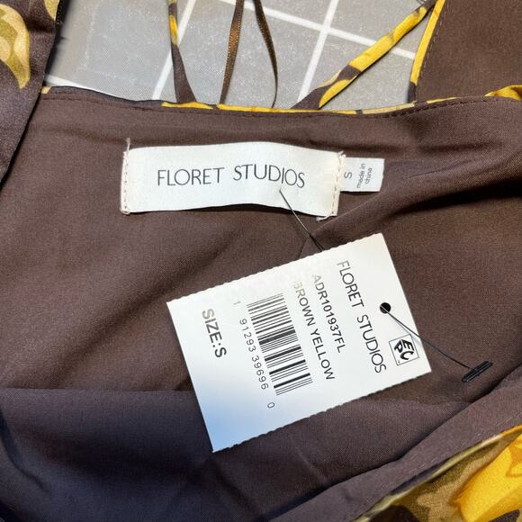 Floret Studio Brown Yellow Floral Shirred Long Sleeve Satin Mini Dress XS/SM NWT - Picture 5 of 15